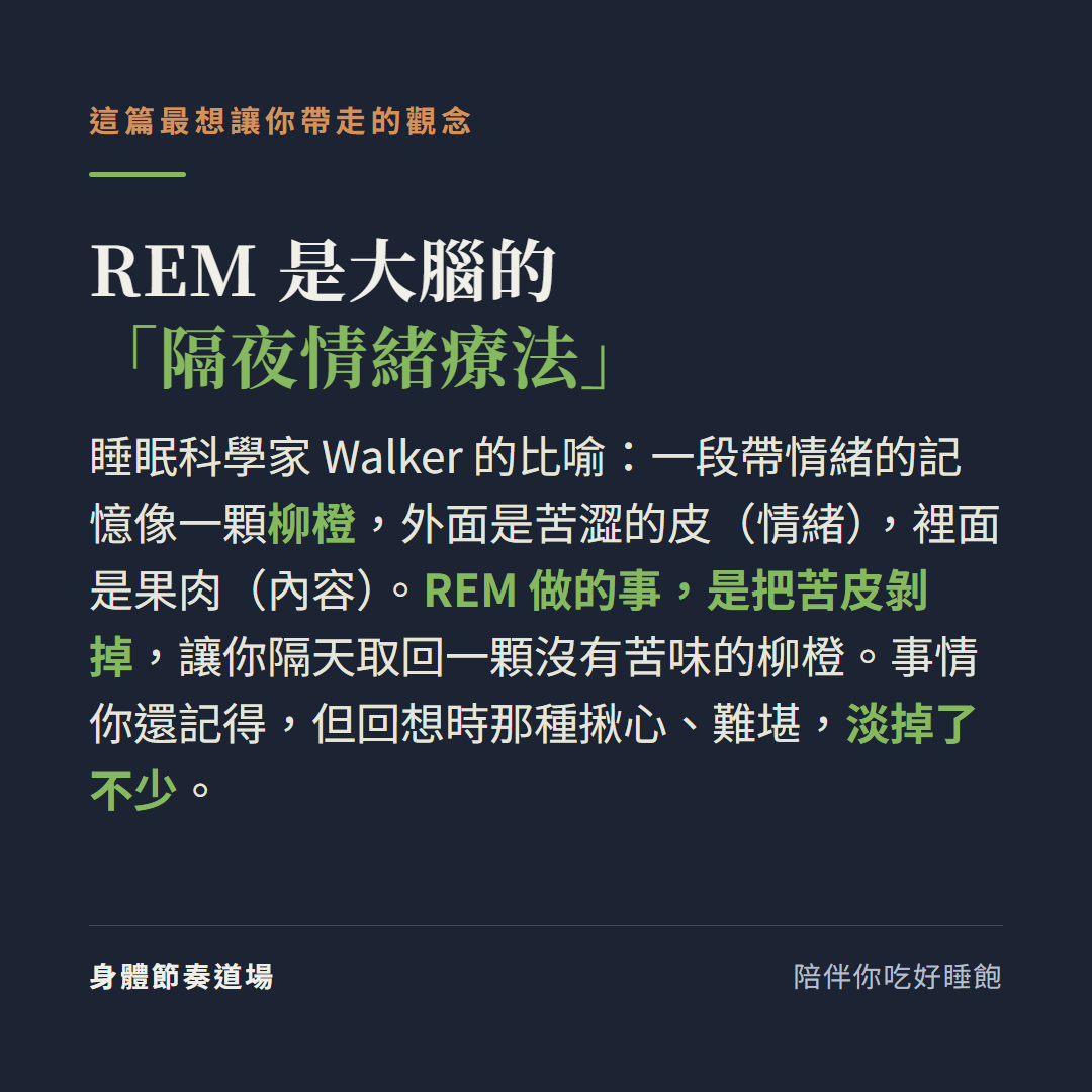 REM是大腦的隔夜情緒療法:睡眠科學家Walker的比喻一段帶情緒的記憶像一顆柳橙外面是苦澀的皮代表情緒裡面是果肉代表內容,REM做的事是把苦皮剝掉讓你隔天取回一顆沒有苦味的柳橙事情你還記得但回想時那種揪心難堪淡掉了不少