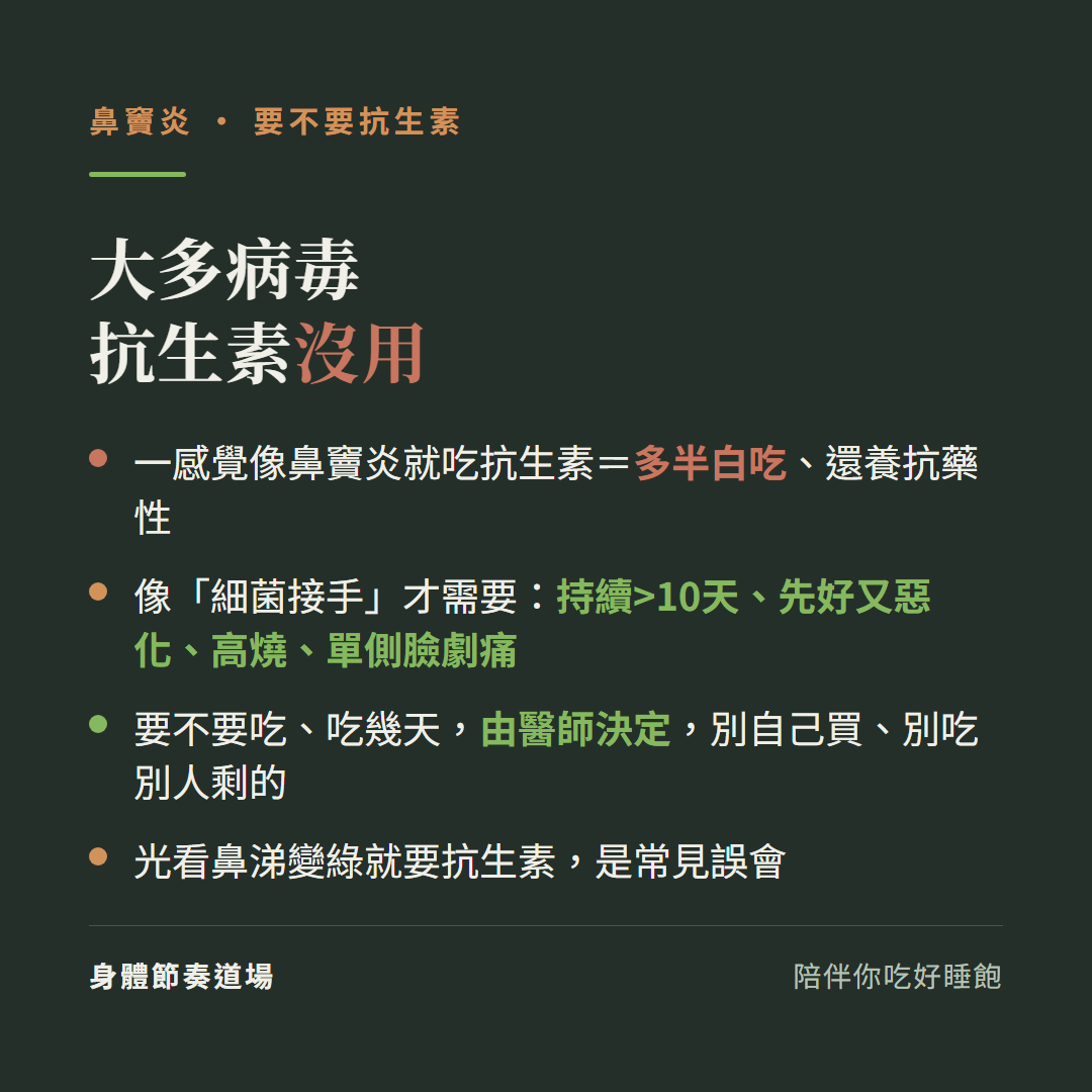 鼻竇炎大多病毒抗生素沒用:一感覺像鼻竇炎就吃抗生素等於多半白吃還養抗藥性、像細菌接手才需要持續超過10天先好又惡化高燒單側臉劇痛、要不要吃吃幾天由醫師決定別自己買別吃別人剩的、光看鼻涕變綠就要抗生素是常見誤會