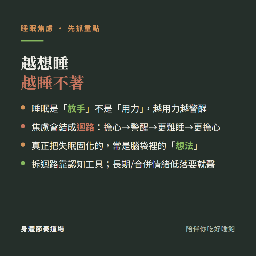 睡眠焦慮重點越想睡越睡不著:睡眠是放手不是用力越用力越警醒、焦慮會結成迴路擔心到警醒到更難睡到更擔心、真正把失眠固化的常是腦袋裡的想法、拆迴路靠認知工具長期或合併情緒低落要就醫