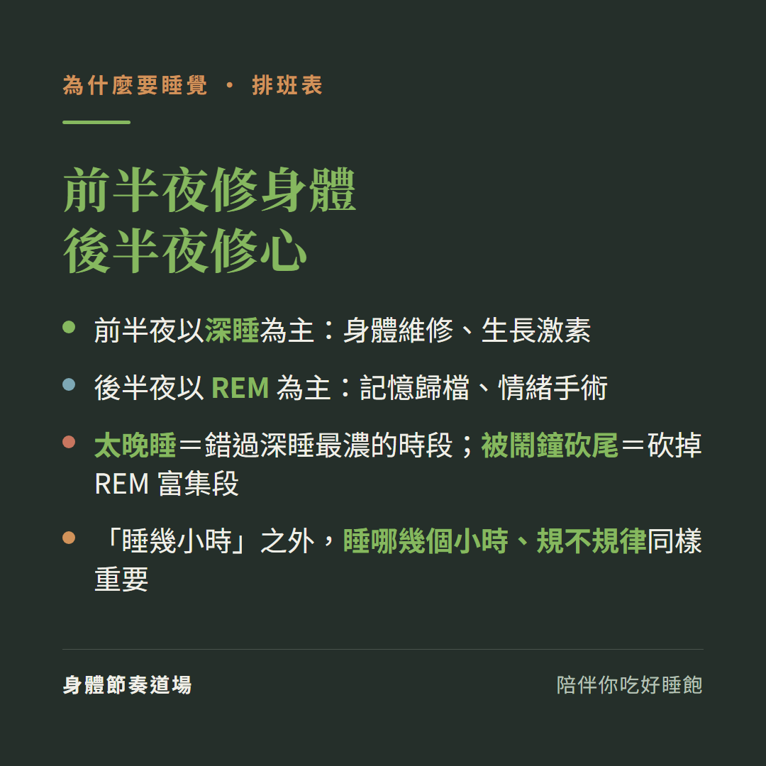 睡眠排班表前半夜修身體後半夜修心:前半夜以深睡為主身體維修生長激素、後半夜以REM為主記憶歸檔情緒手術;太晚睡錯過深睡最濃時段、被鬧鐘砍尾砍掉REM富集段;睡幾小時之外睡哪幾個小時規不規律同樣重要