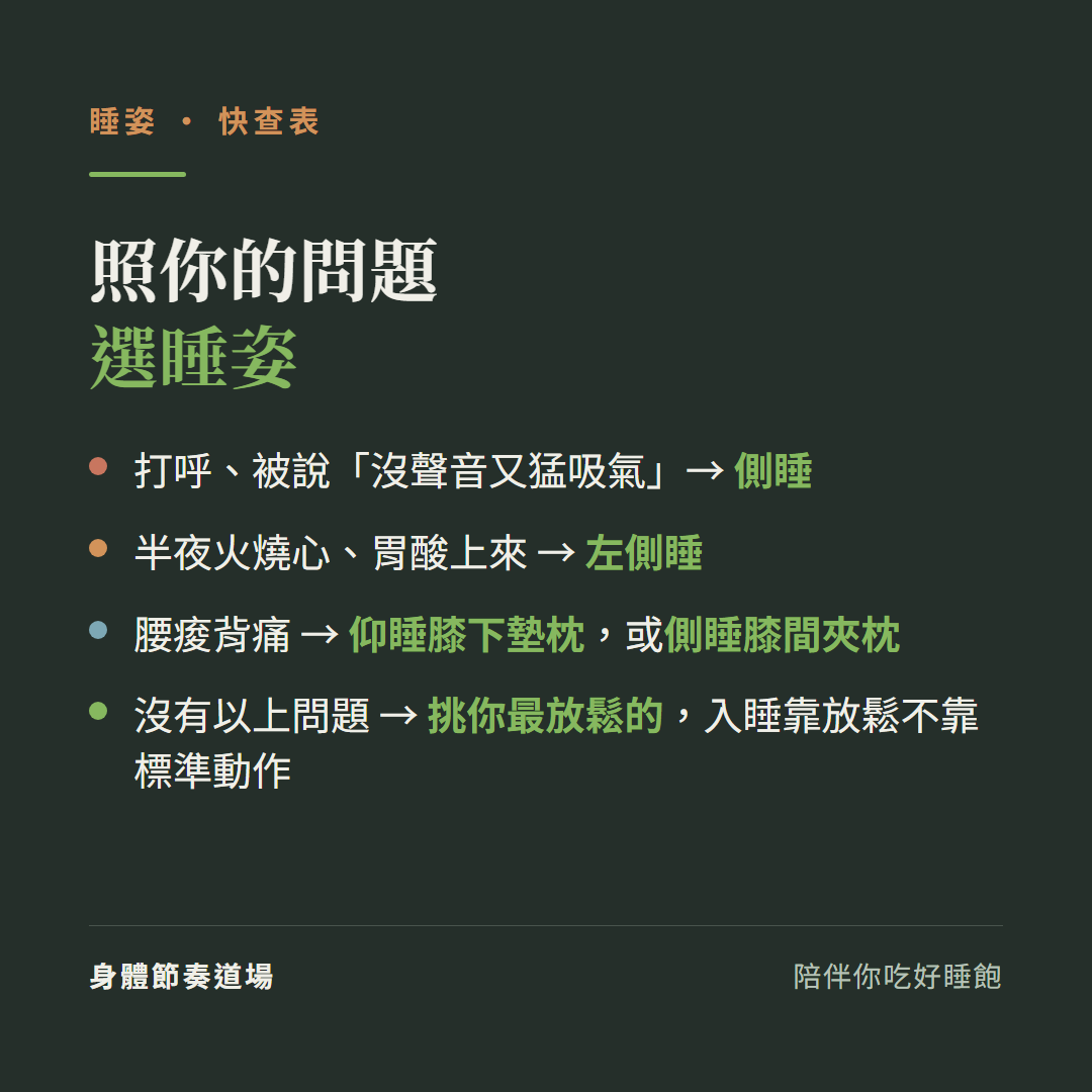 照問題選睡姿快查表:打呼被說沒聲音又猛吸氣選側睡、半夜火燒心胃酸上來選左側睡、腰痠背痛仰睡膝下墊枕或側睡膝間夾枕、沒有以上問題挑最放鬆的入睡靠放鬆不靠標準動作