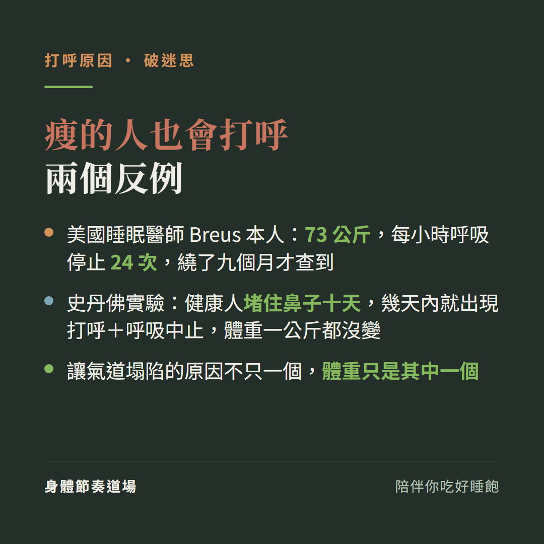 瘦的人也會打呼兩個反例:美國睡眠醫師Breus本人73公斤每小時呼吸停止24次繞九個月才查到、史丹佛實驗健康人堵住鼻子十天幾天內出現打呼與呼吸中止體重沒變;氣道塌陷原因不只一個體重只是其中一個