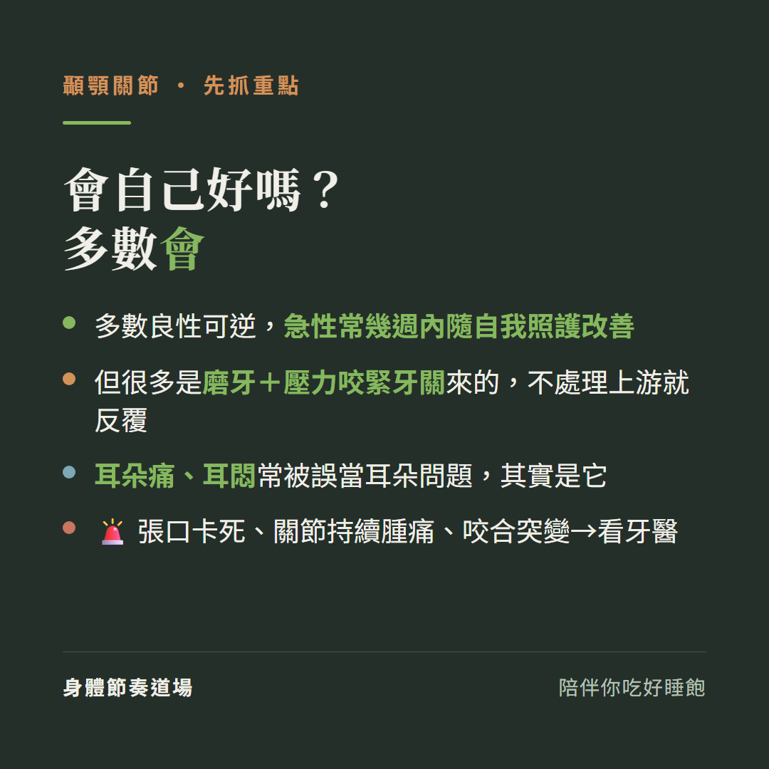 顳顎關節會自己好嗎多數會:多數良性可逆急性常幾週內隨自我照護改善、但很多是磨牙加壓力咬緊牙關來的不處理上游就反覆、耳朵痛耳悶常被誤當耳朵問題其實是它、張口卡死關節持續腫痛咬合突變要看牙醫
