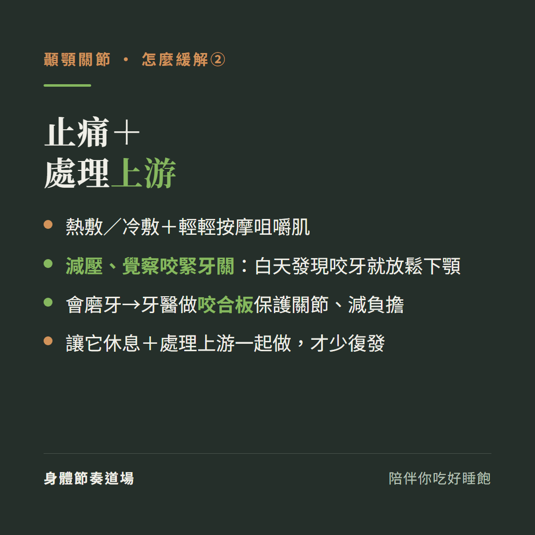 顳顎關節止痛加處理上游:熱敷冷敷加輕輕按摩咀嚼肌、減壓覺察咬緊牙關白天發現咬牙就放鬆下顎、會磨牙牙醫做咬合板保護關節減負擔、讓它休息加處理上游一起做才少復發