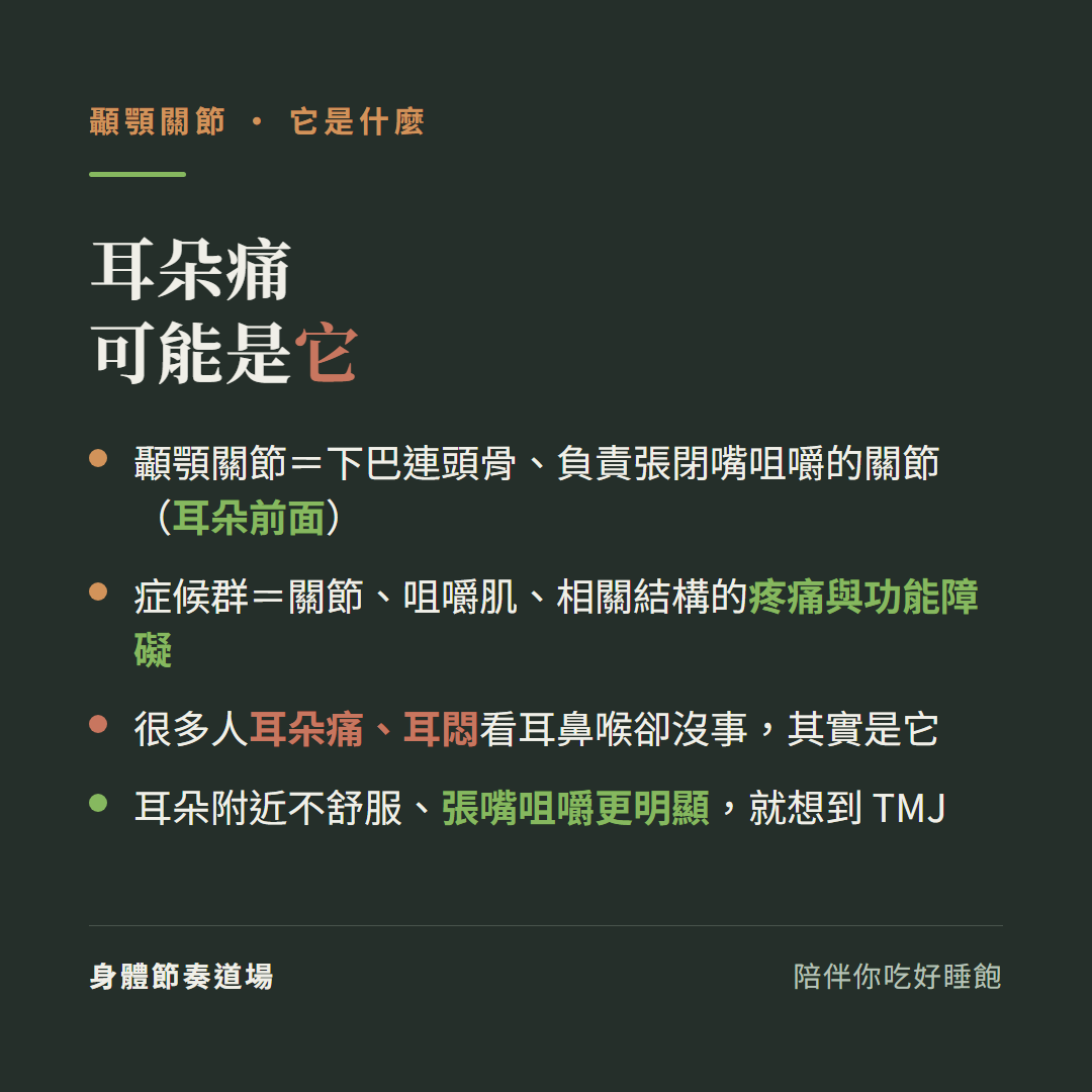 顳顎關節耳朵痛可能是它:顳顎關節等於下巴連頭骨負責張閉嘴咀嚼的關節在耳朵前面、症候群等於關節咀嚼肌相關結構的疼痛與功能障礙、很多人耳朵痛耳悶看耳鼻喉卻沒事其實是它、耳朵附近不舒服張嘴咀嚼更明顯就想到顳顎關節