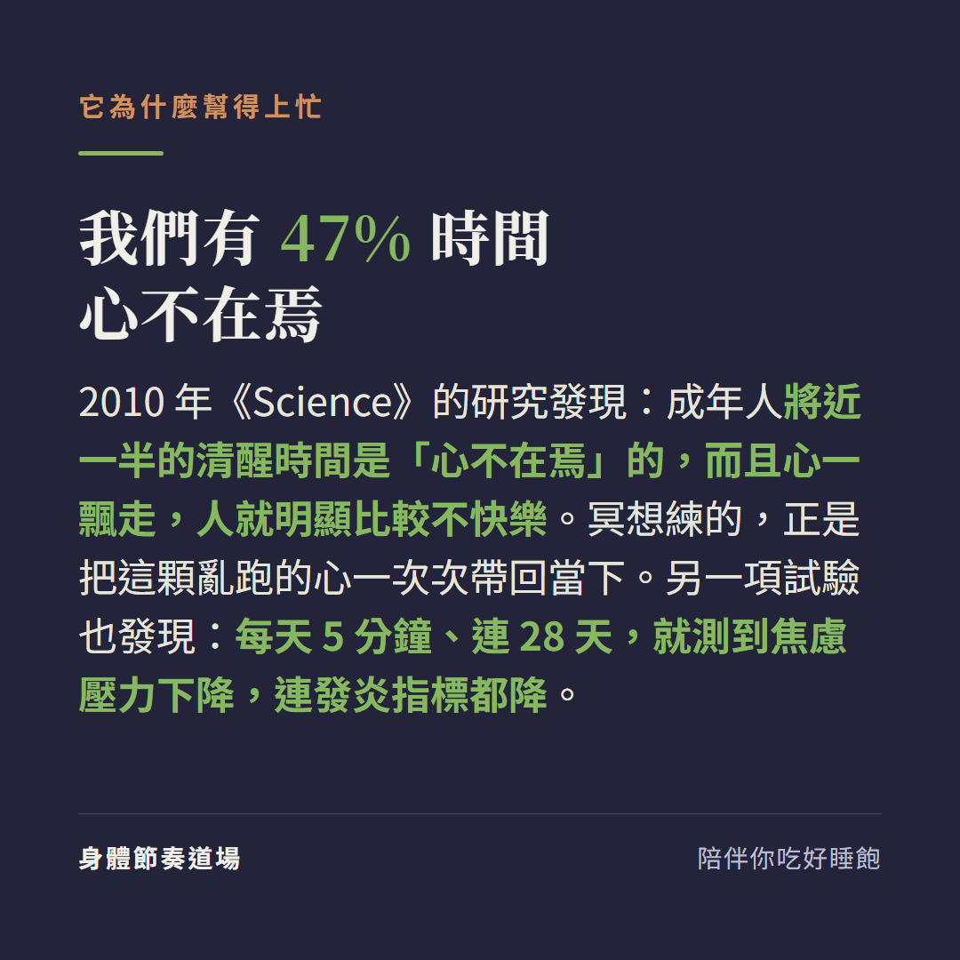 我們有47%時間心不在焉:2010年Science的研究發現成年人將近一半的清醒時間是心不在焉的而且心一飄走人就明顯比較不快樂,冥想練的正是把這顆亂跑的心一次次帶回當下,另一項試驗也發現每天5分鐘連28天就測到焦慮壓力下降連發炎指標都降