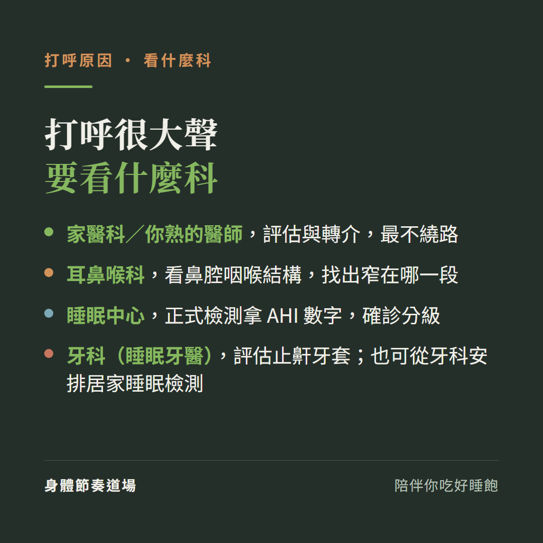 打呼很大聲要看什麼科:家醫科評估轉介最不繞路、耳鼻喉科看鼻腔咽喉結構、睡眠中心正式檢測拿AHI確診分級、牙科睡眠牙醫評估止鼾牙套也可從牙科安排居家睡眠檢測