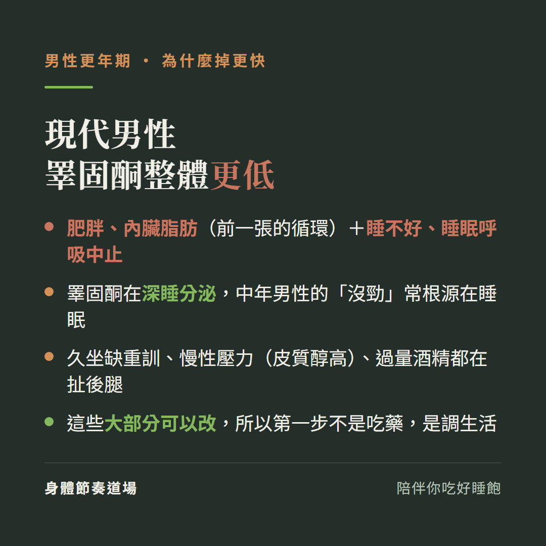 現代男性睪固酮整體更低:肥胖內臟脂肪的循環加睡不好睡眠呼吸中止、睪固酮在深睡分泌中年男性的沒勁常根源在睡眠、久坐缺重訓慢性壓力皮質醇高過量酒精都在扯後腿、這些大部分可以改所以第一步不是吃藥是調生活