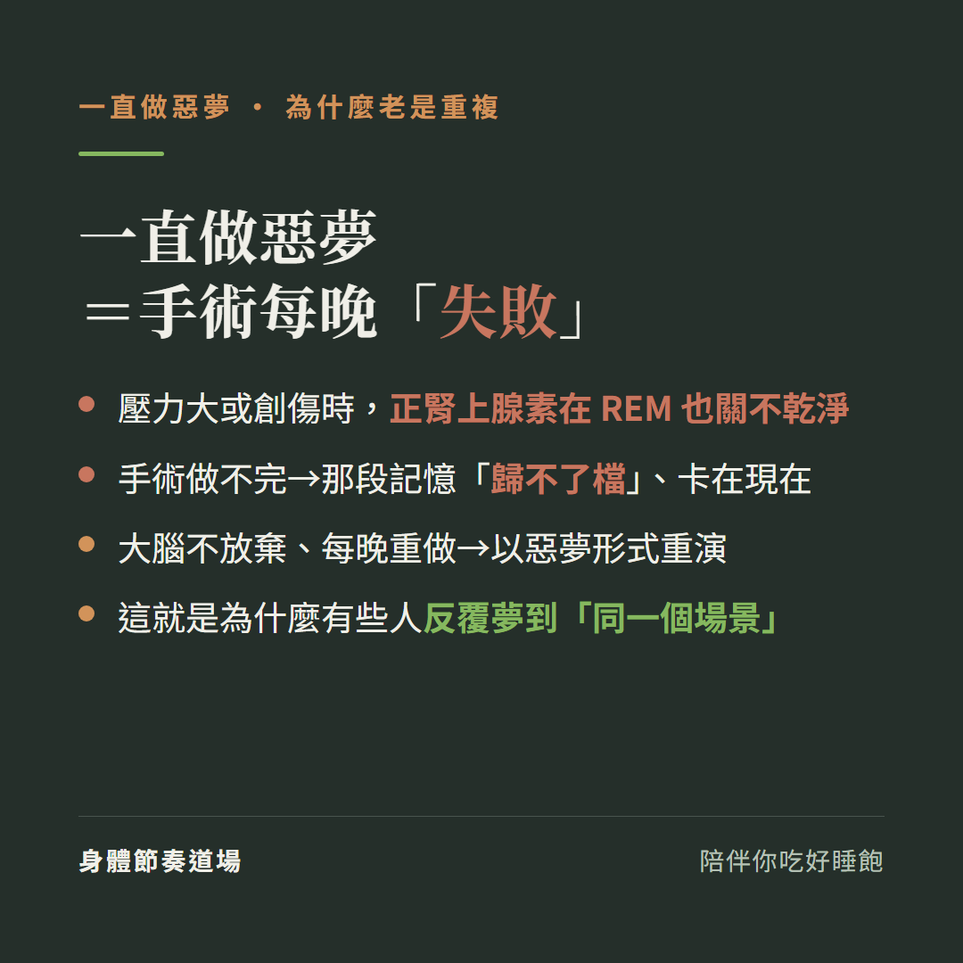 一直做惡夢等於手術每晚失敗:壓力大或創傷時正腎上腺素在REM也關不乾淨、手術做不完那段記憶歸不了檔卡在現在、大腦不放棄每晚重做以惡夢形式重演、這就是為什麼有些人反覆夢到同一個場景