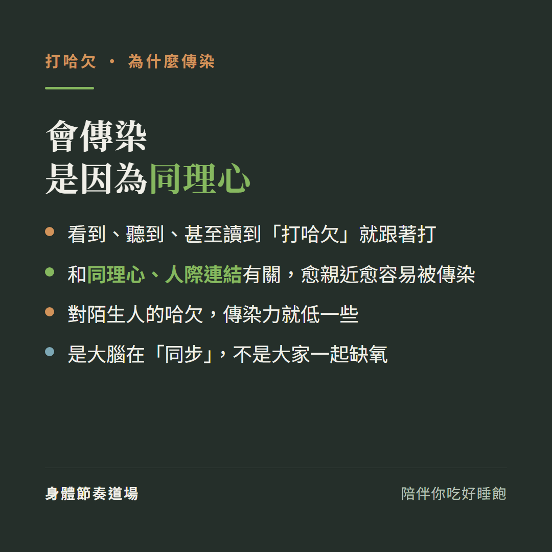 打哈欠會傳染是因為同理心:看到聽到甚至讀到打哈欠就跟著打、和同理心人際連結有關愈親近愈容易被傳染、對陌生人的哈欠傳染力就低一些、是大腦在同步不是大家一起缺氧