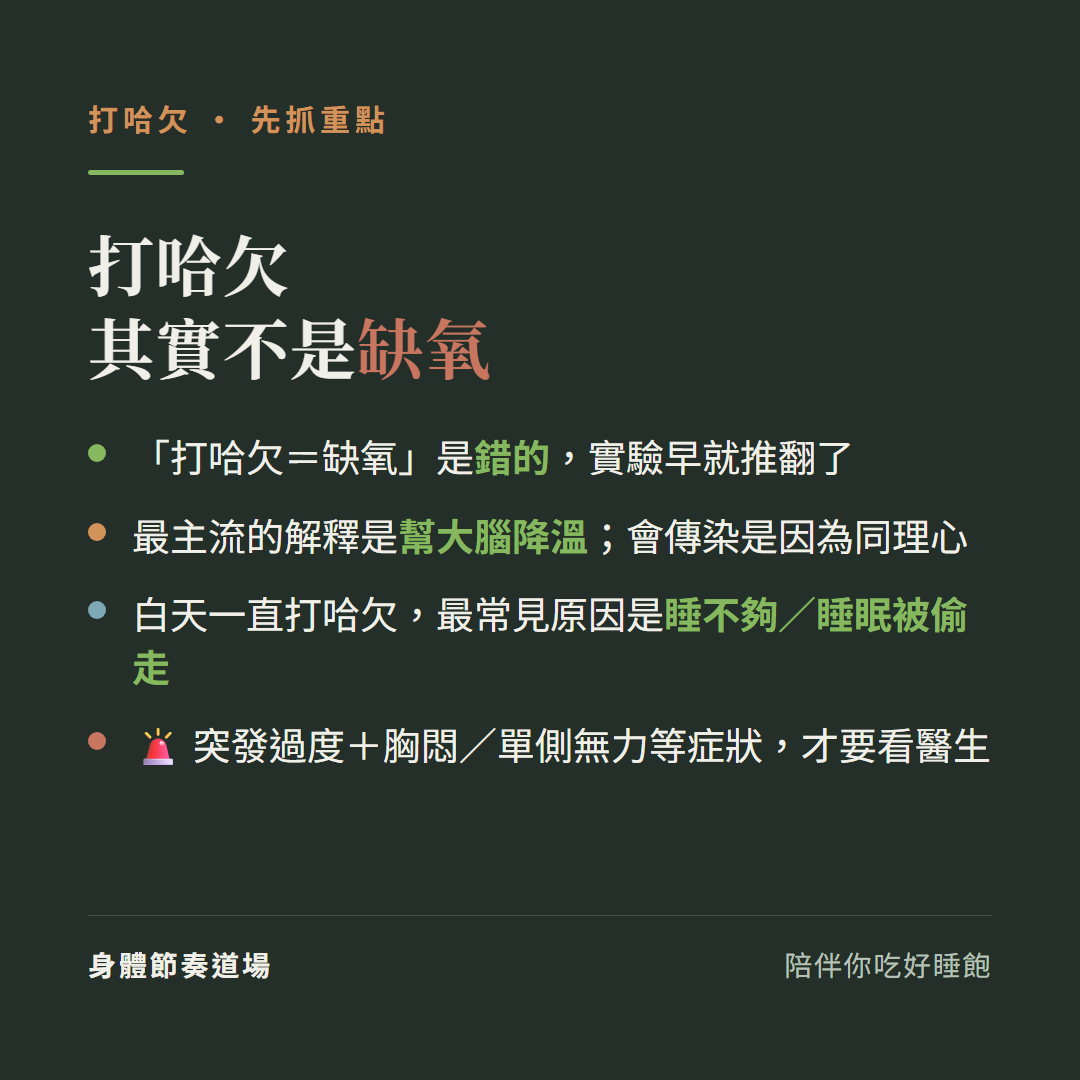 打哈欠重點其實不是缺氧:打哈欠等於缺氧是錯的實驗早就推翻了、最主流的解釋是幫大腦降溫會傳染是因為同理心、白天一直打哈欠最常見原因是睡不夠或睡眠被偷走、突發過度打哈欠加胸悶單側無力等症狀才要看醫生
