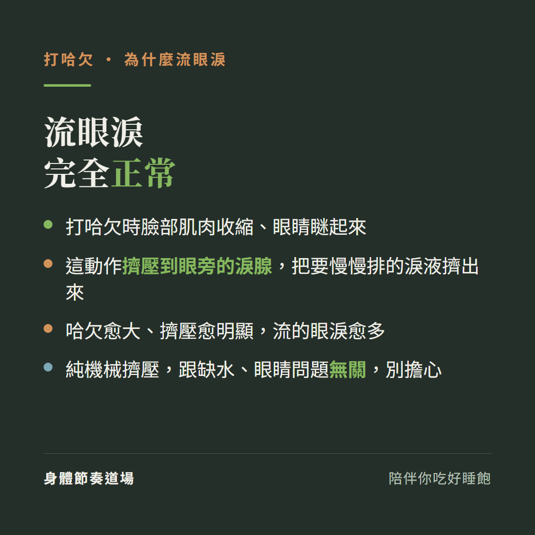 打哈欠流眼淚完全正常:打哈欠時臉部肌肉收縮眼睛瞇起來、這動作擠壓到眼旁的淚腺把要慢慢排的淚液擠出來、哈欠愈大擠壓愈明顯流的眼淚愈多、純機械擠壓跟缺水眼睛問題無關別擔心