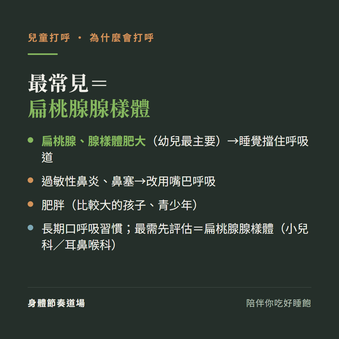 兒童打呼最常見扁桃腺腺樣體:扁桃腺腺樣體肥大幼兒最主要睡覺擋住呼吸道、過敏性鼻炎鼻塞改用嘴巴呼吸、肥胖比較大的孩子青少年、長期口呼吸習慣最需先評估扁桃腺腺樣體小兒科耳鼻喉科