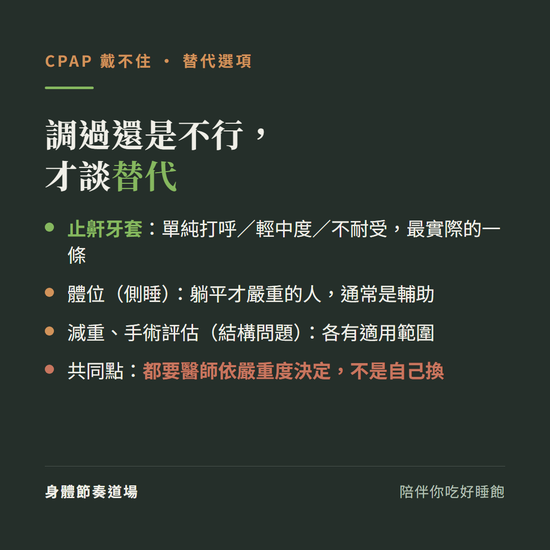 CPAP調過還是不行才談替代:止鼾牙套單純打呼輕中度不耐受最實際的一條、體位側睡躺平才嚴重的人通常是輔助、減重與手術評估結構問題各有適用範圍、共同點都要醫師依嚴重度決定不是自己換