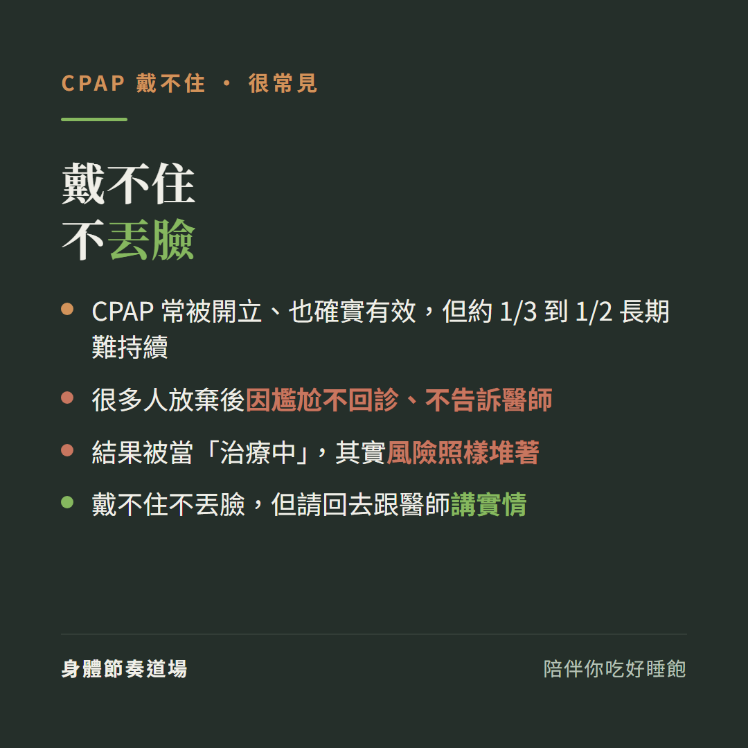 CPAP戴不住不丟臉:CPAP常被開立也確實有效但約三分之一到一半長期難持續、很多人放棄後因尷尬不回診不告訴醫師、結果被當治療中其實風險照樣堆著、戴不住不丟臉但請回去跟醫師講實情