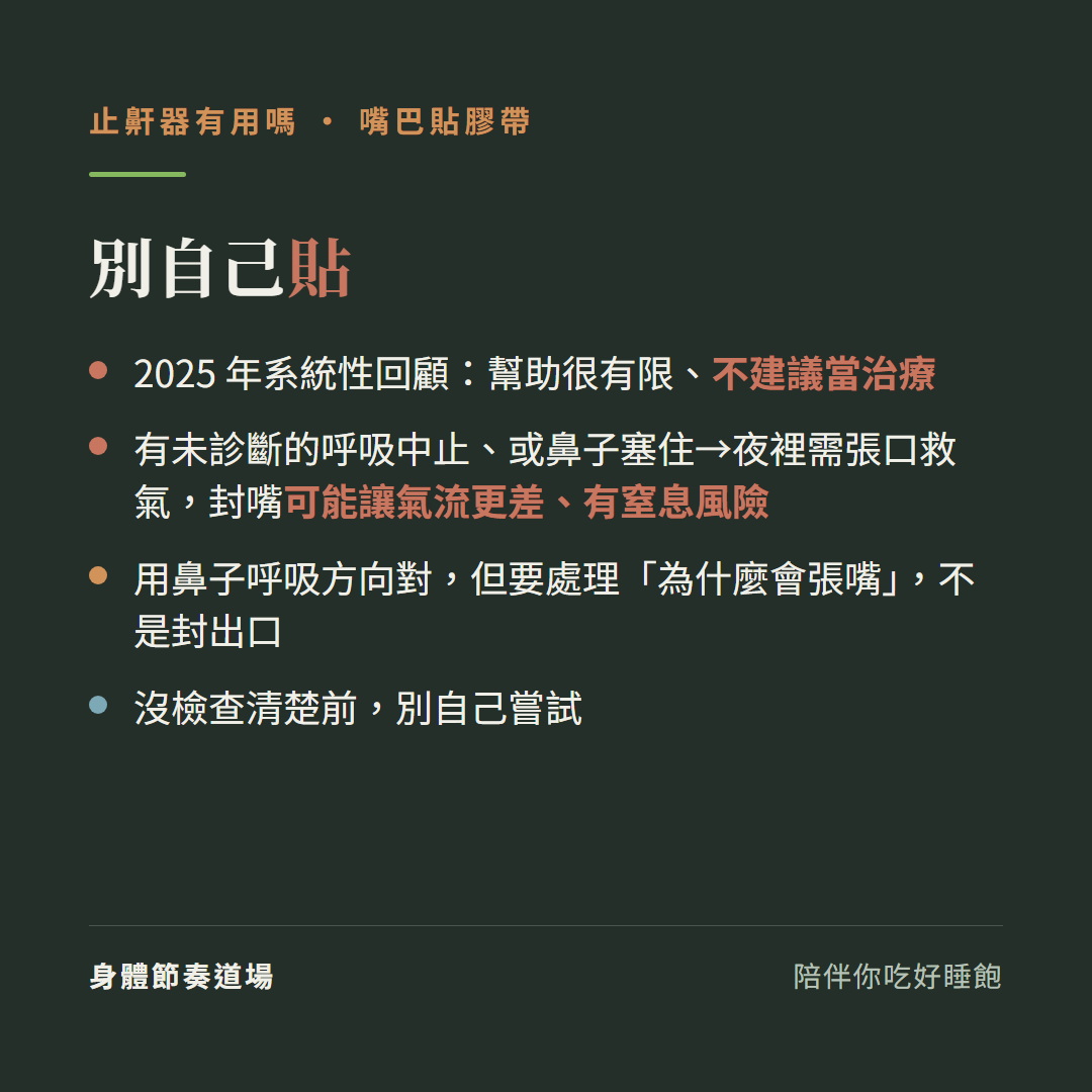 止鼾嘴巴貼膠帶別自己貼:2025年系統性回顧幫助很有限不建議當治療、有未診斷的呼吸中止或鼻子塞住夜裡需張口救氣封嘴可能讓氣流更差有窒息風險、用鼻子呼吸方向對但要處理為什麼會張嘴不是封出口、沒檢查清楚前別自己嘗試
