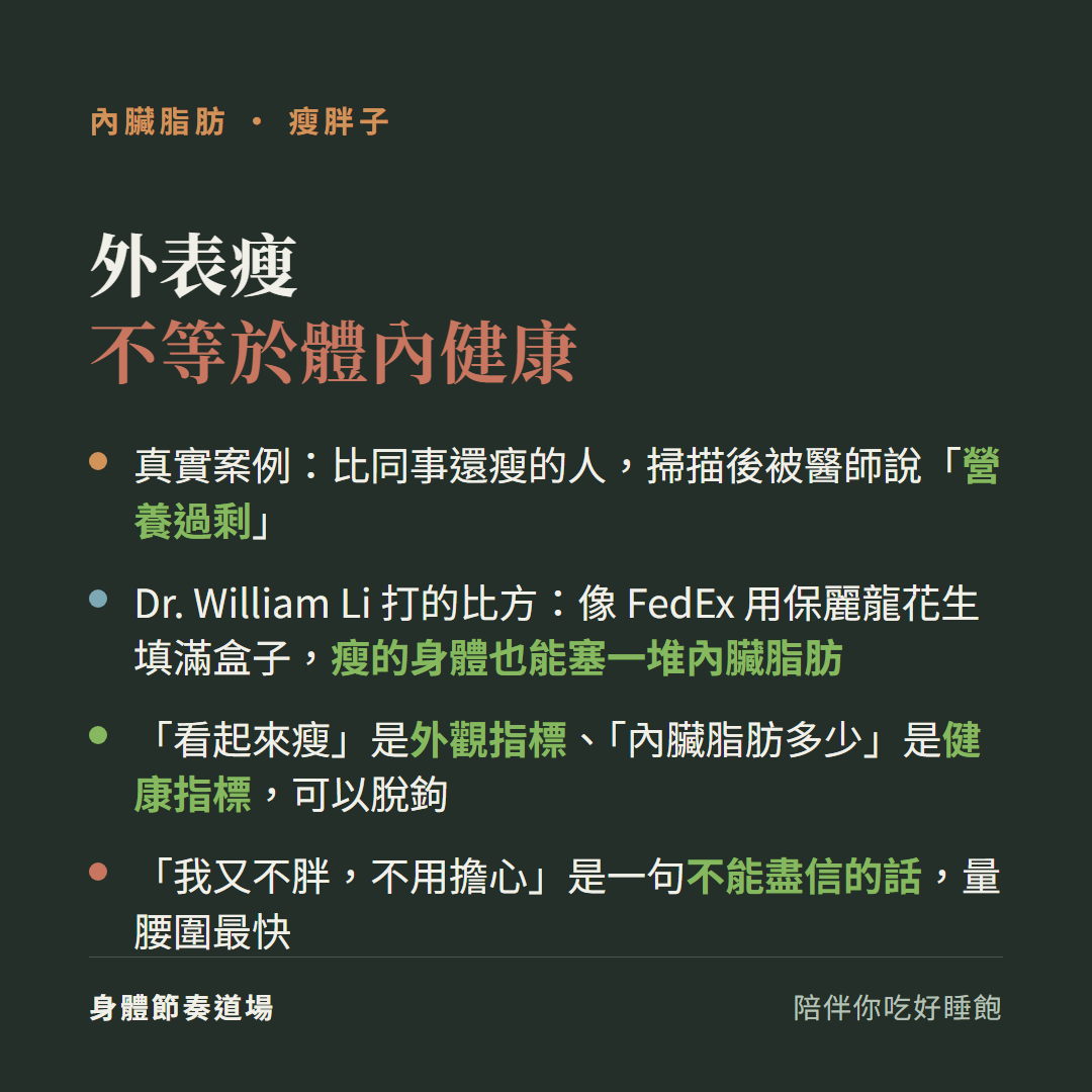 外表瘦不等於體內健康:真實案例比同事還瘦的人掃描後被判定營養過剩,Dr. William Li 打的比方是像FedEx用保麗龍花生填滿盒子瘦的身體也能塞一堆內臟脂肪;看起來瘦是外觀指標內臟脂肪多少是健康指標可以脫鉤;我又不胖不用擔心是一句不能盡信的話量腰圍最快