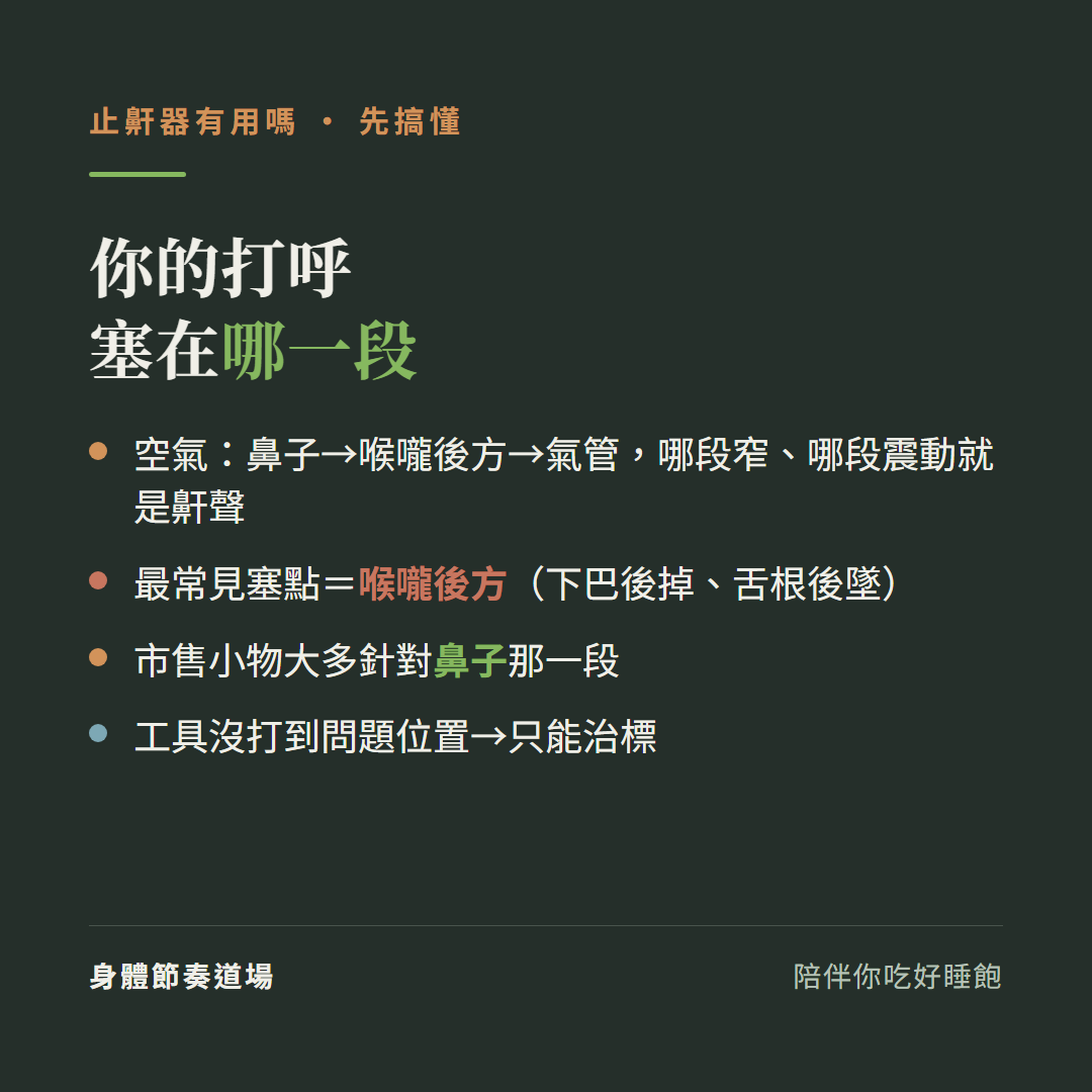 止鼾器有用嗎先搞懂你的打呼塞在哪一段:空氣鼻子到喉嚨後方到氣管哪段窄哪段震動就是鼾聲、最常見塞點喉嚨後方下巴後掉舌根後墜、市售小物大多針對鼻子那一段、工具沒打到問題位置只能治標