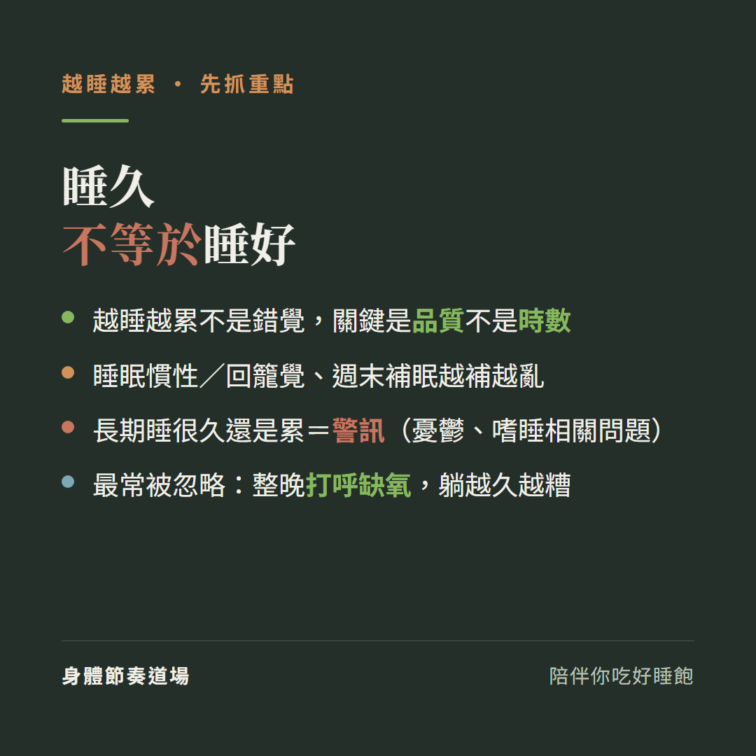 越睡越累睡久不等於睡好:越睡越累不是錯覺關鍵是品質不是時數、睡眠慣性回籠覺加週末補眠越補越亂、長期睡很久還是累是警訊憂鬱嗜睡相關問題、最常被忽略整晚打呼缺氧躺越久越糟