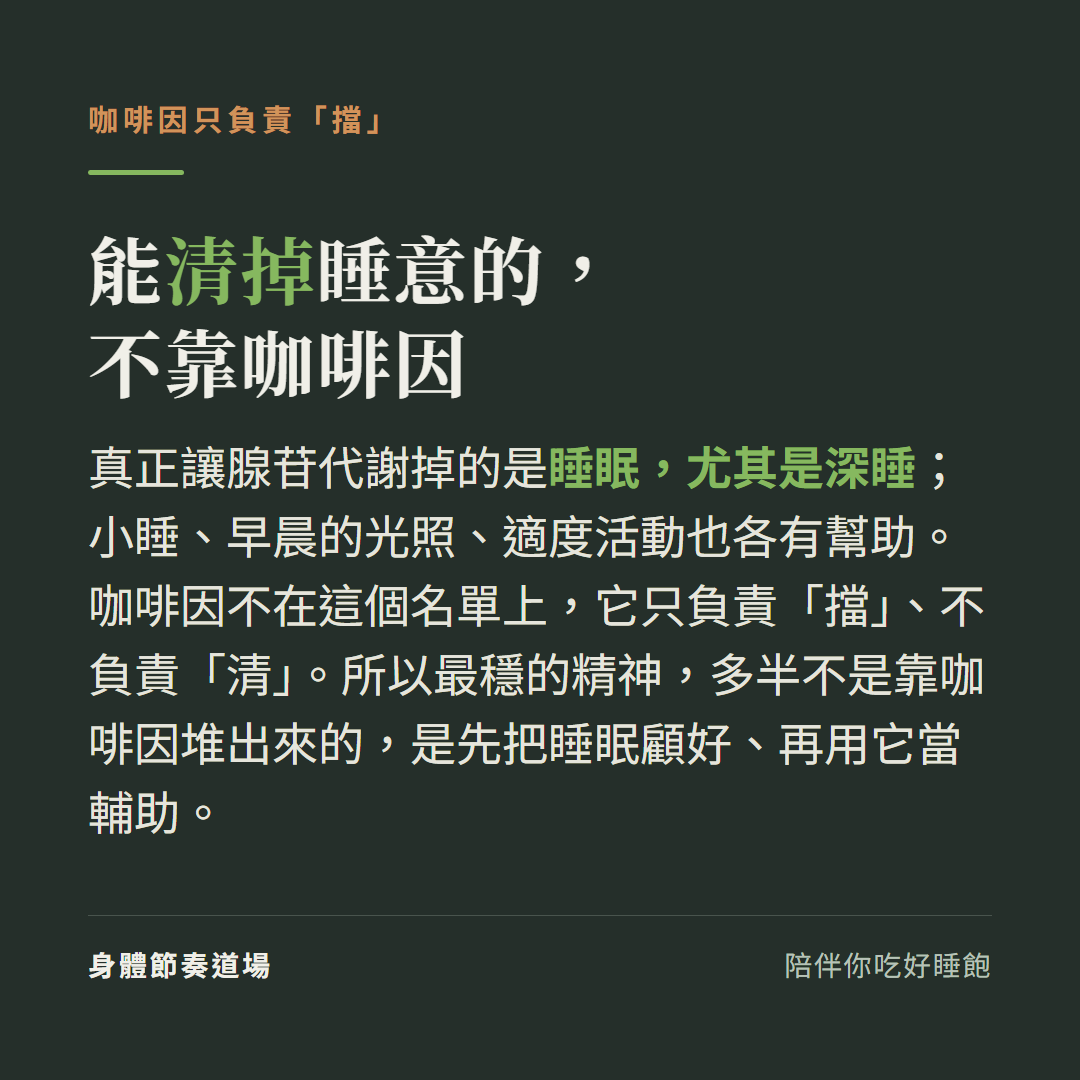 真正讓腺苷代謝掉的是睡眠尤其是深睡,小睡曬光適度活動也有幫助,咖啡因只負責擋不負責清