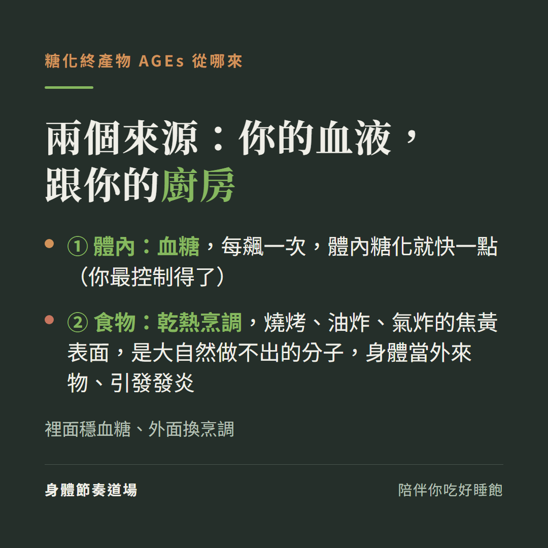 糖化終產物 AGEs 兩個來源:體內血糖(每飆一次體內糖化快一點)+食物乾熱烹調(燒烤油炸氣炸的焦黃表面,引發發炎);裡面穩血糖、外面換烹調