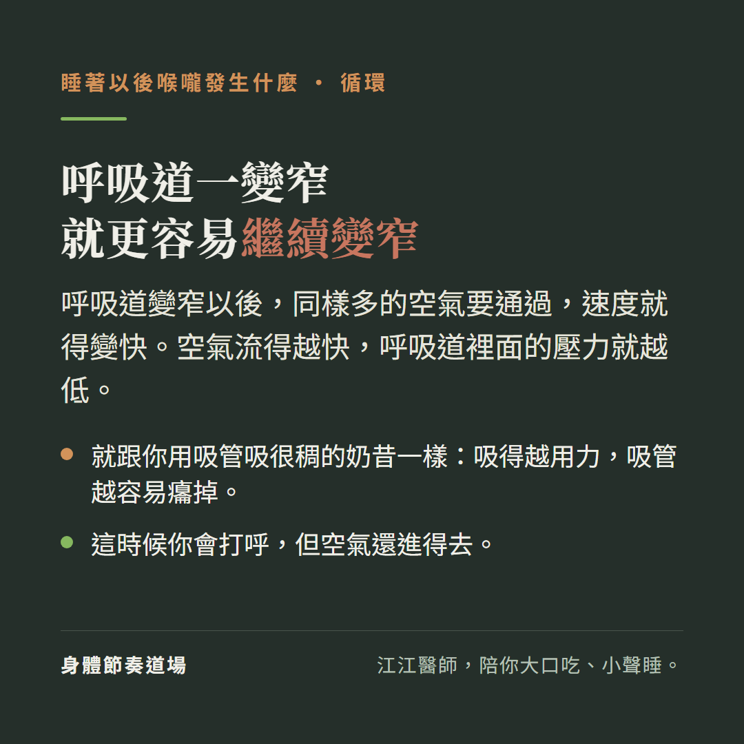 呼吸道一變窄就更容易繼續變窄:呼吸道變窄以後同樣多的空氣要通過速度就得變快,空氣流得越快呼吸道裡面的壓力就越低;就跟你用吸管吸很稠的奶昔一樣吸得越用力吸管越容易癟掉;這時候你會打呼但空氣還進得去