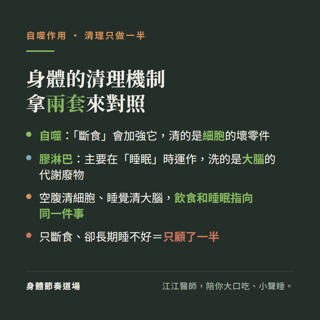 身體的清理機制有好幾套這裡拿兩套來對照:自噬斷食會加強它清的是細胞的壞零件、膠淋巴主要在睡眠時運作洗的是大腦的代謝廢物、空腹清細胞睡覺清大腦飲食和睡眠指向同一件事、只斷食卻長期睡不好等於只顧了一半
