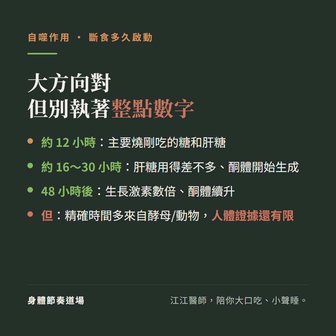 斷食多久啟動自噬大方向對但別執著整點數字:約12小時主要燒剛吃的糖和肝糖、約16到30小時肝糖用得差不多酮體開始生成、48小時後生長激素數倍酮體續升、但精確時間多來自酵母動物人體證據還有限