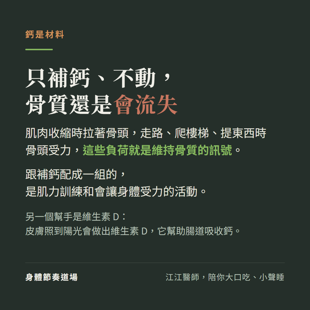 鈣是材料,只補鈣、不動,骨質還是會流失:肌肉收縮時拉著骨頭,走路、爬樓梯、提東西時骨頭受力,這些負荷就是維持骨質的訊號。跟補鈣配成一組的,是肌力訓練和會讓身體受力的活動。另一個幫手是維生素D:皮膚照到陽光會做出維生素D,它幫助腸道吸收鈣。