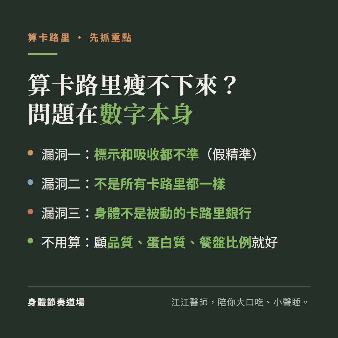 算卡路里為什麼瘦不下來重點:問題在卡路里數字本身有三漏洞(標示吸收不準/不是所有卡路里一樣/身體不是卡路里銀行),不用算改顧品質蛋白質餐盤比例