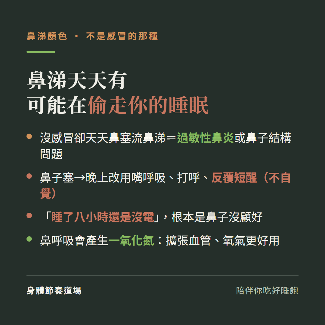 鼻涕天天有可能在偷走你的睡眠:沒感冒卻天天鼻塞流鼻涕等於過敏性鼻炎或鼻子結構問題、鼻子塞晚上改用嘴呼吸打呼反覆短醒不自覺、睡了八小時還是沒電根本是鼻子沒顧好、鼻呼吸會產生一氧化氮擴張血管氧氣更好用