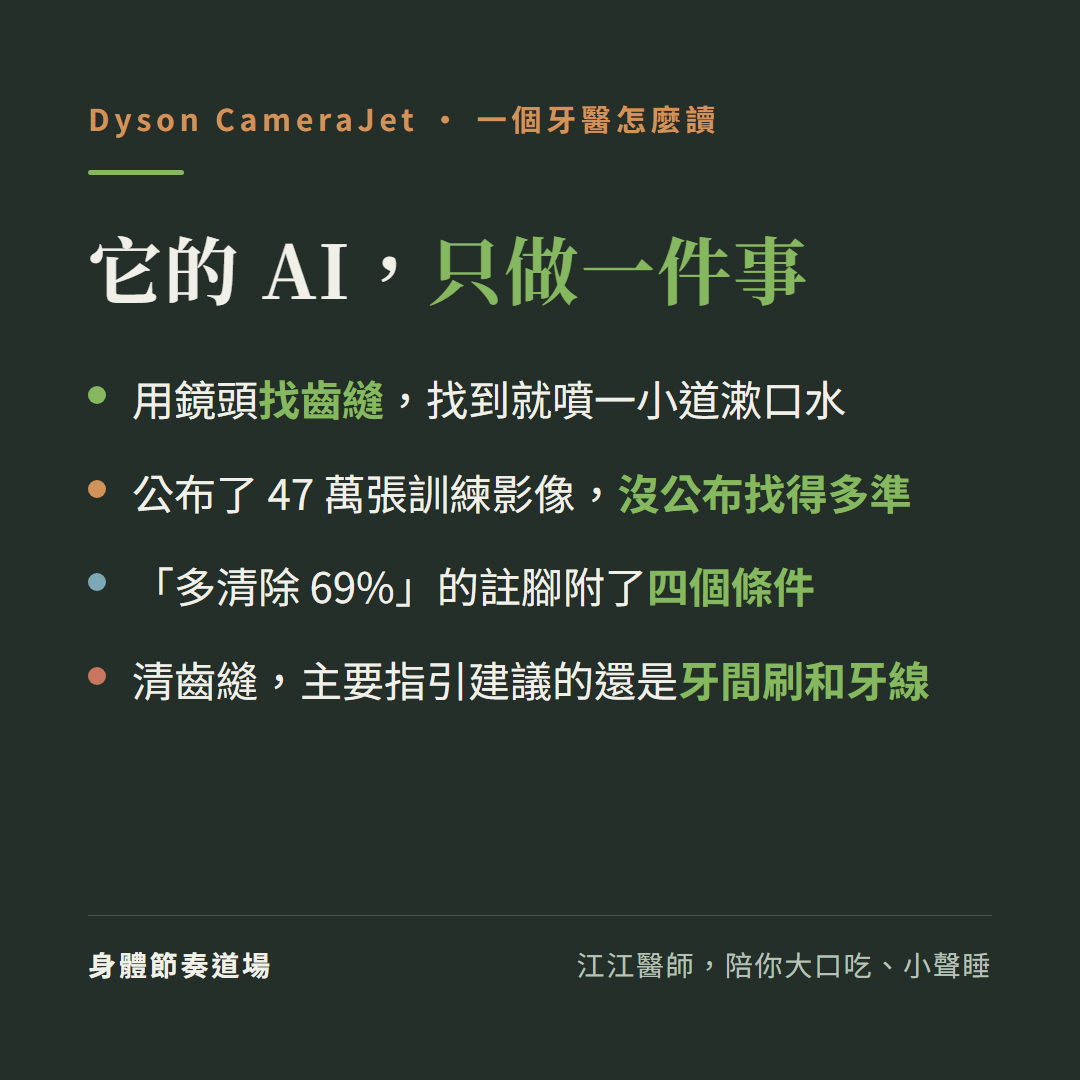 Dyson CameraJet 牙刷重點整理:它的 AI 只用在一個功能上,用鏡頭找齒縫、找到就噴一小道漱口水;官方公布了 47 萬張訓練影像,但沒有公布找齒縫找得多準;最常被轉述的多清除 69% 牙菌斑,官方註腳附了四個條件;清齒縫,主要指引建議的還是牙間刷和牙線