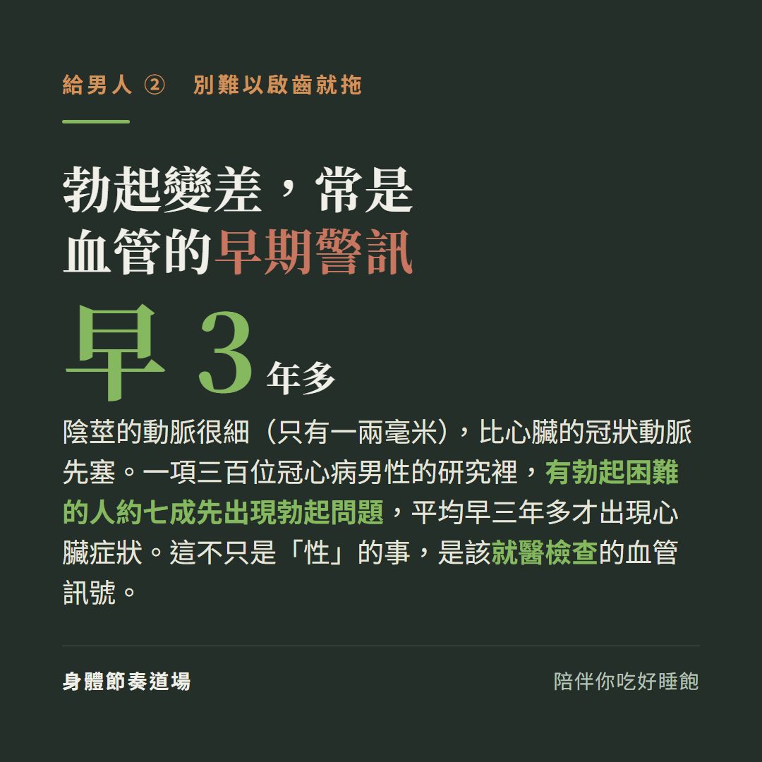 勃起變差常是血管的早期警訊平均早三年多:陰莖動脈很細只有一兩毫米比心臟冠狀動脈先塞,一項三百位冠心病男性的研究裡有勃起困難的人約七成先出現勃起問題平均早三年多才出現心臟症狀,不只是性的事是該就醫檢查的血管訊號