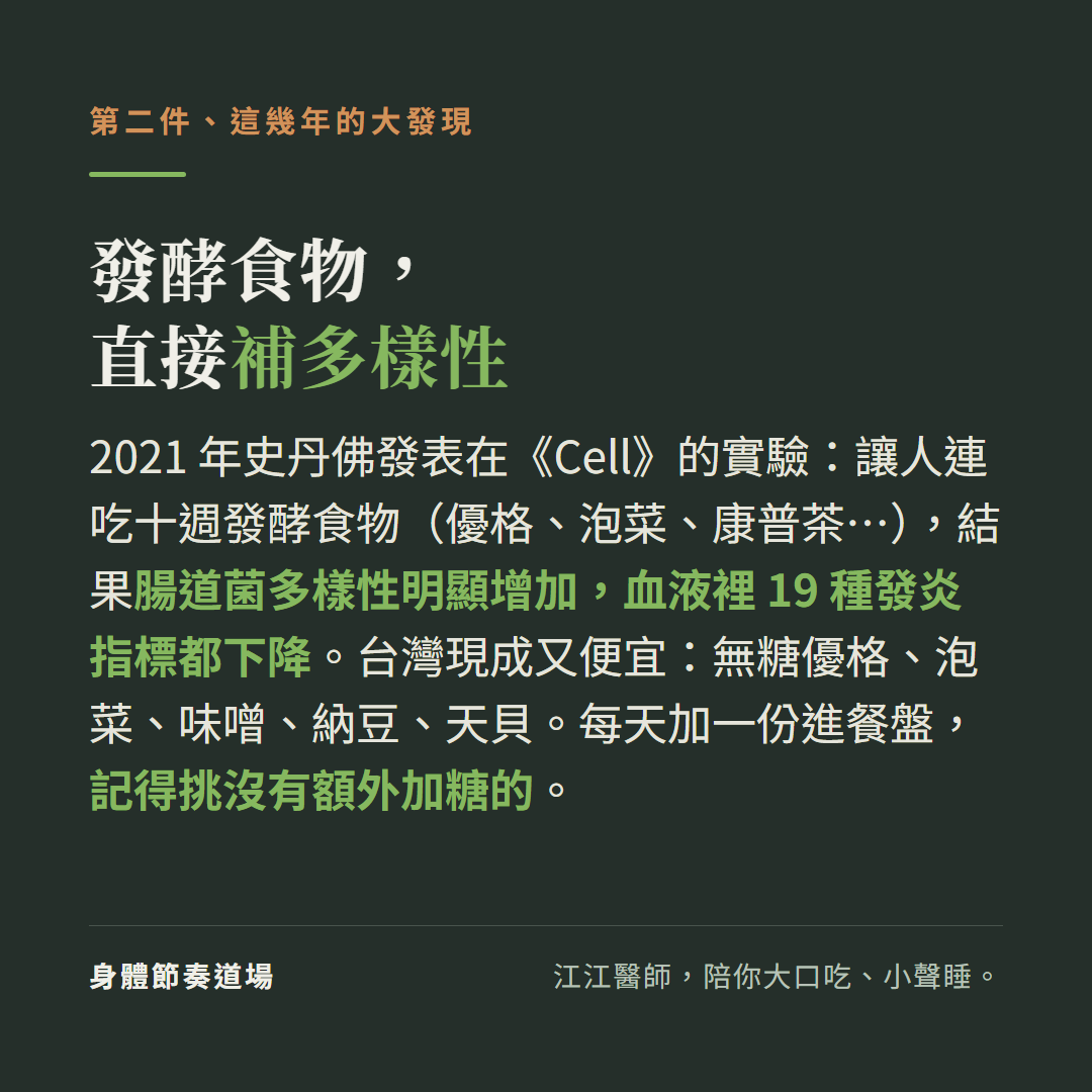 發酵食物直接補多樣性：2021年史丹佛發表在Cell的實驗讓人連吃十週發酵食物優格泡菜康普茶結果腸道菌多樣性明顯增加血液裡19種發炎指標都下降，台灣現成又便宜無糖優格泡菜味噌納豆天貝每天加一份進餐盤記得挑沒有額外加糖的