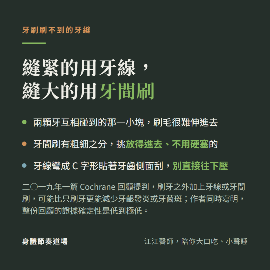 牙刷刷不到的牙縫:縫緊的用牙線,縫大的用牙間刷。兩顆牙互相碰到的那一小塊刷毛很難伸進去;牙間刷有粗細之分,挑放得進去、不用硬塞的;牙線彎成 C 字形貼著牙齒側面刮,別直接往下壓。二○一九年一篇 Cochrane 回顧提到刷牙之外加上牙線或牙間刷可能比只刷牙更能減少牙齦發炎或牙菌斑,作者同時寫明整份回顧的證據確定性是低到極低