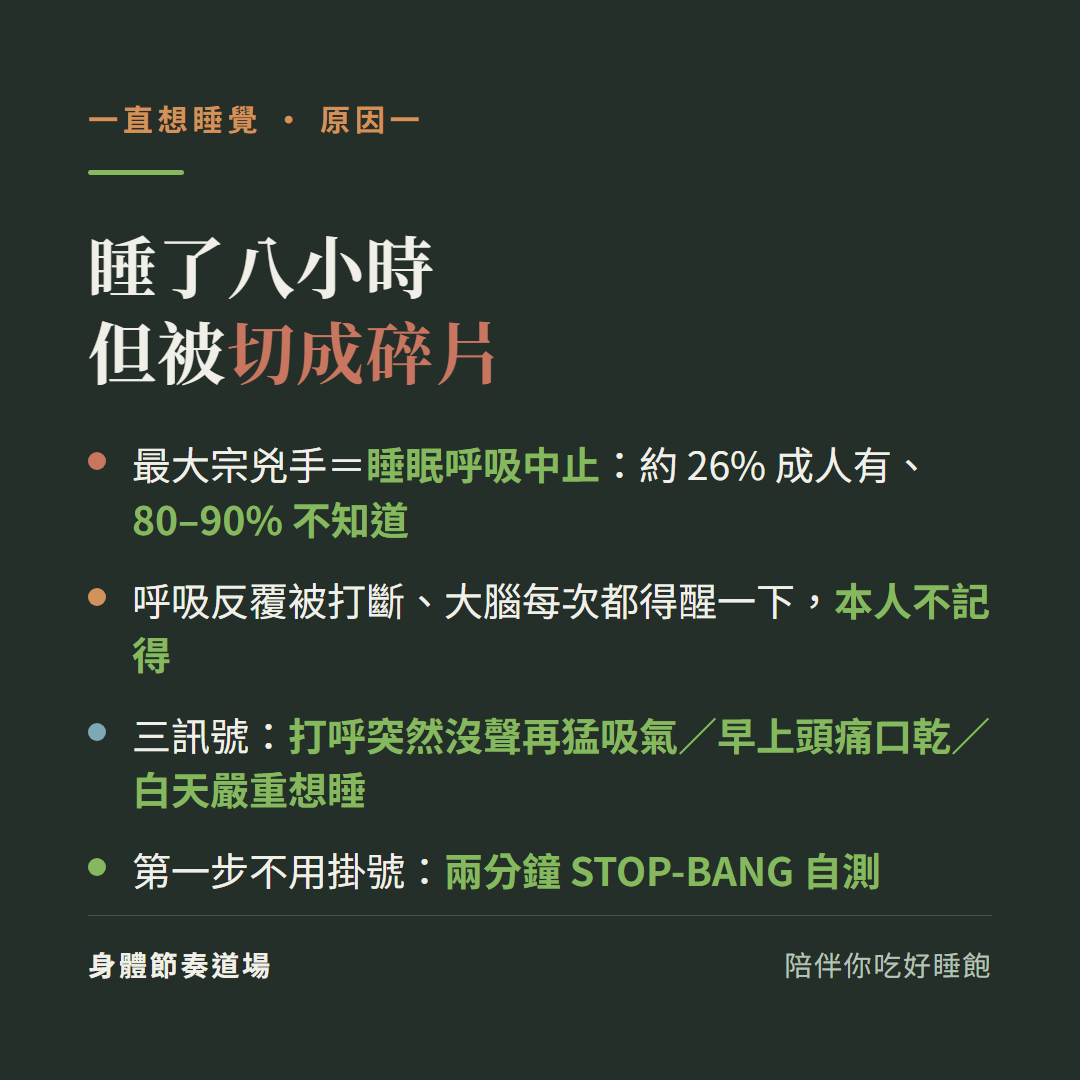睡八小時但被切成碎片:最大宗兇手是睡眠呼吸中止約26%成人有80到90%不知道、呼吸反覆被打斷大腦每次醒一下本人不記得;三訊號打呼突然沒聲再猛吸氣早上頭痛口乾白天嚴重想睡;第一步兩分鐘STOP-BANG自測
