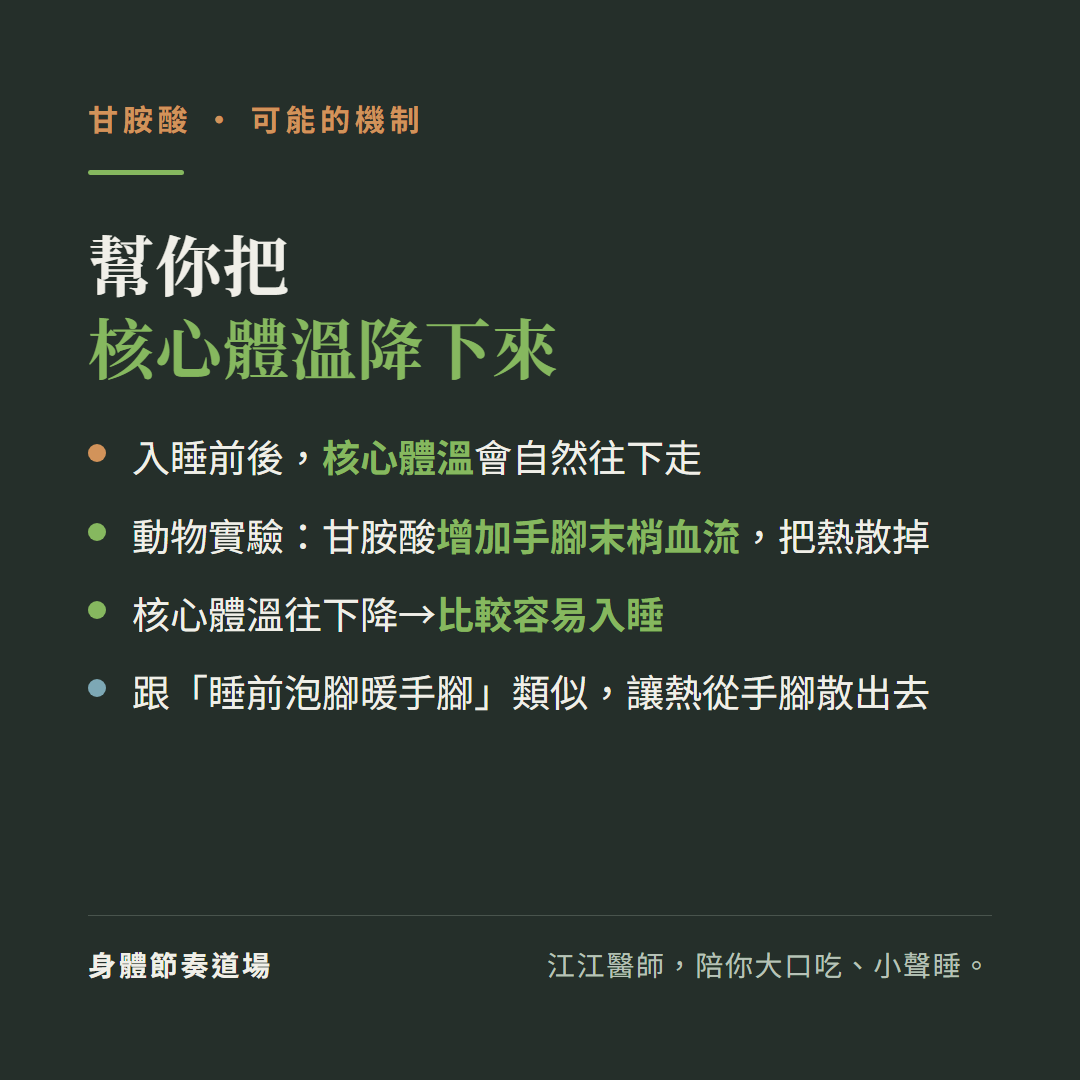 甘胺酸可能的助眠機制幫你把核心體溫降下來:入睡前後核心體溫會自然往下走、動物實驗甘胺酸增加手腳末梢血流把熱散掉、核心體溫往下降比較容易入睡、跟睡前泡腳暖手腳類似讓熱從手腳散出去