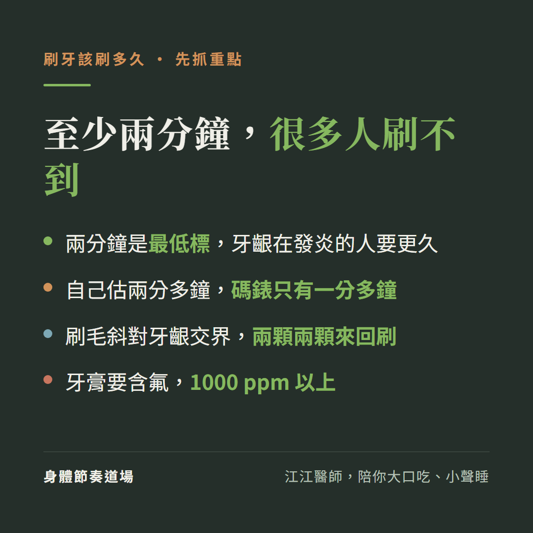 刷牙該刷多久重點整理:兩分鐘是最低標,牙齦在發炎的人要更久;自己估兩分多鐘但碼錶量出來只有一分多鐘;刷毛斜對牙齦交界、兩顆兩顆來回刷;牙膏要含氟、1000 ppm 以上