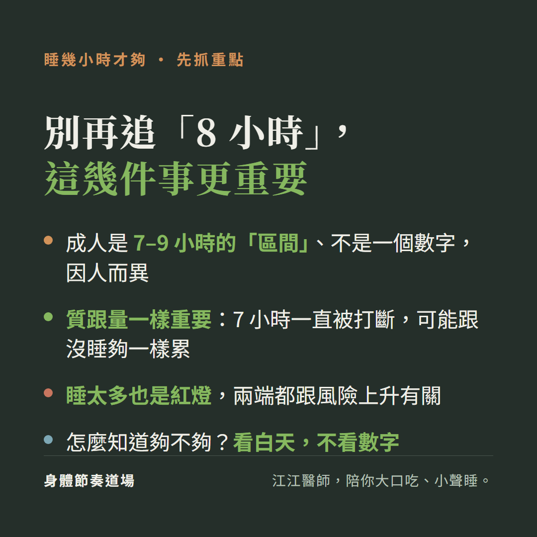 睡幾小時才夠重點：成人是 7-9 小時的區間非一個數字、質跟量一樣重要(7 小時一直被打斷可能跟沒睡夠一樣累)、睡太多也是紅燈兩端都跟風險上升有關、怎麼知道夠不夠看白天不看數字