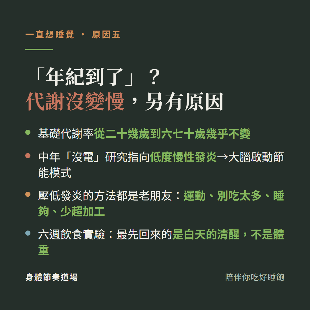 年紀到了代謝沒變慢另有原因:基礎代謝率二十幾歲到六七十歲幾乎不變、中年沒電研究指向低度慢性發炎讓大腦啟動節能模式;壓低發炎靠運動別吃太多睡夠少超加工;六週飲食實驗最先回來的是白天的清醒不是體重