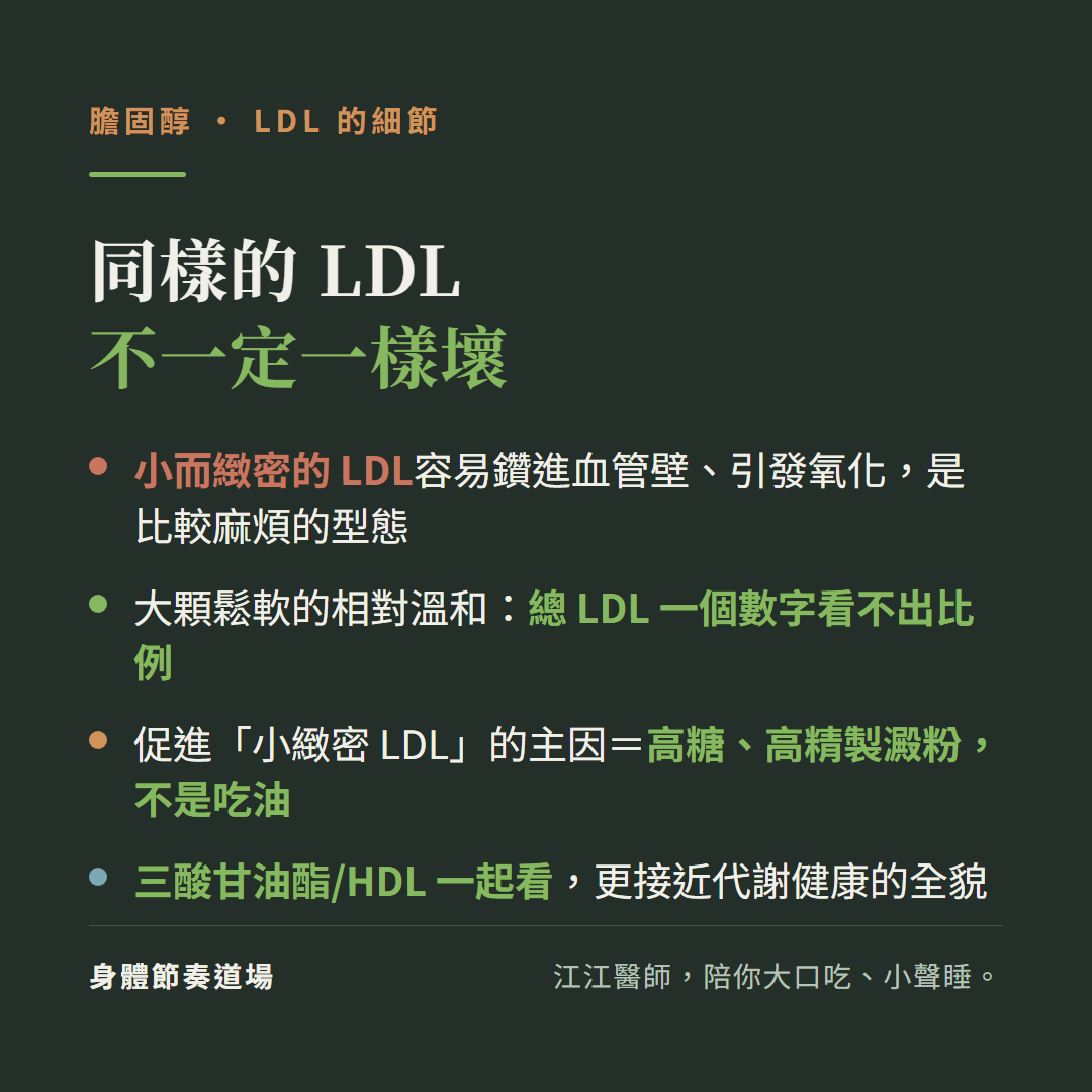 同樣的LDL不一定一樣壞:小而緻密的LDL容易鑽進血管壁引發氧化是比較麻煩的型態、大顆鬆軟的相對溫和總LDL一個數字看不出比例、促進小緻密LDL的主因是高糖高精製澱粉不是吃油、三酸甘油酯HDL一起看更接近代謝健康全貌