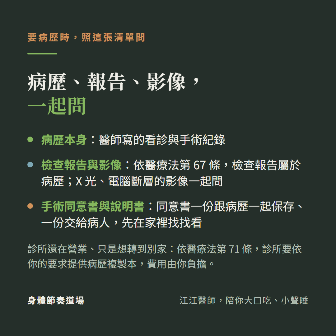 要病歷時,照這張清單問:病歷、報告、影像,一起問;病歷本身:醫師寫的看診與手術紀錄;檢查報告與影像:依醫療法第67條,檢查報告屬於病歷;X光、電腦斷層的影像一起問;手術同意書與說明書:同意書一份跟病歷一起保存、一份交給病人,先在家裡找找看;診所還在營業、只是想轉到別家:依醫療法第71條,診所要依你的要求提供病歷複製本,費用由你負擔。