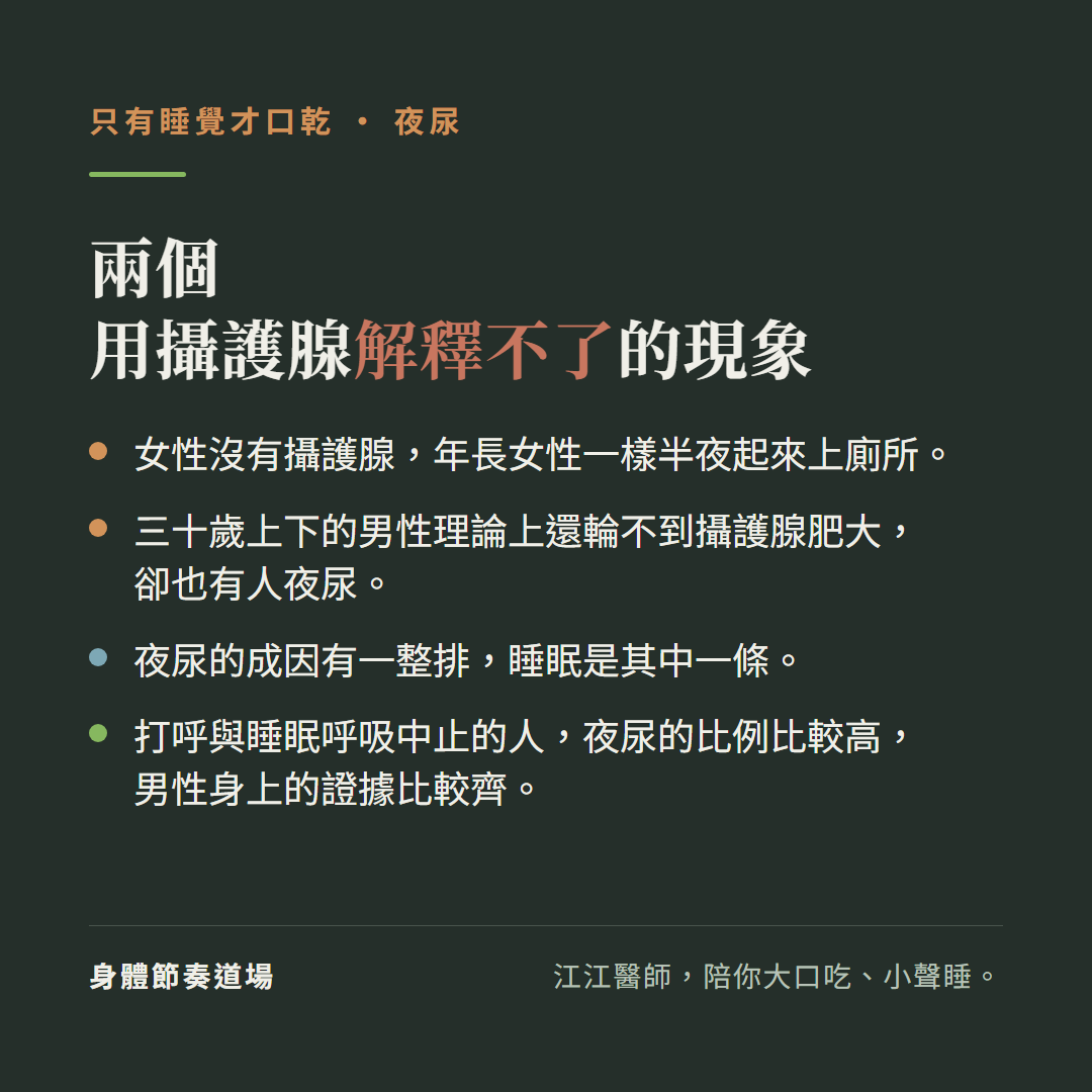 只有睡覺才口乾,夜尿,兩個用攝護腺解釋不了的現象:女性沒有攝護腺,年長女性一樣半夜起來上廁所。三十歲上下的男性理論上還輪不到攝護腺肥大,卻也有人夜尿。夜尿的成因有一整排,睡眠是其中一條。打呼與睡眠呼吸中止的人,夜尿的比例比較高,男性身上的證據比較齊。