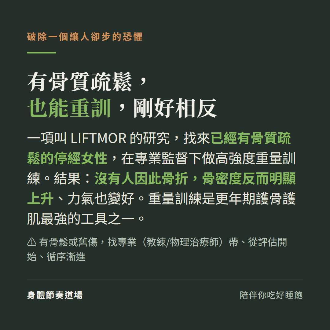有骨質疏鬆也能重訓剛好相反:LIFTMOR研究找來已經有骨質疏鬆的停經女性在專業監督下做高強度重量訓練結果沒有人因此骨折骨密度反而明顯上升力氣也變好,重量訓練是更年期護骨護肌最強的工具之一,有骨鬆或舊傷找專業教練物理治療師帶從評估開始循序漸進