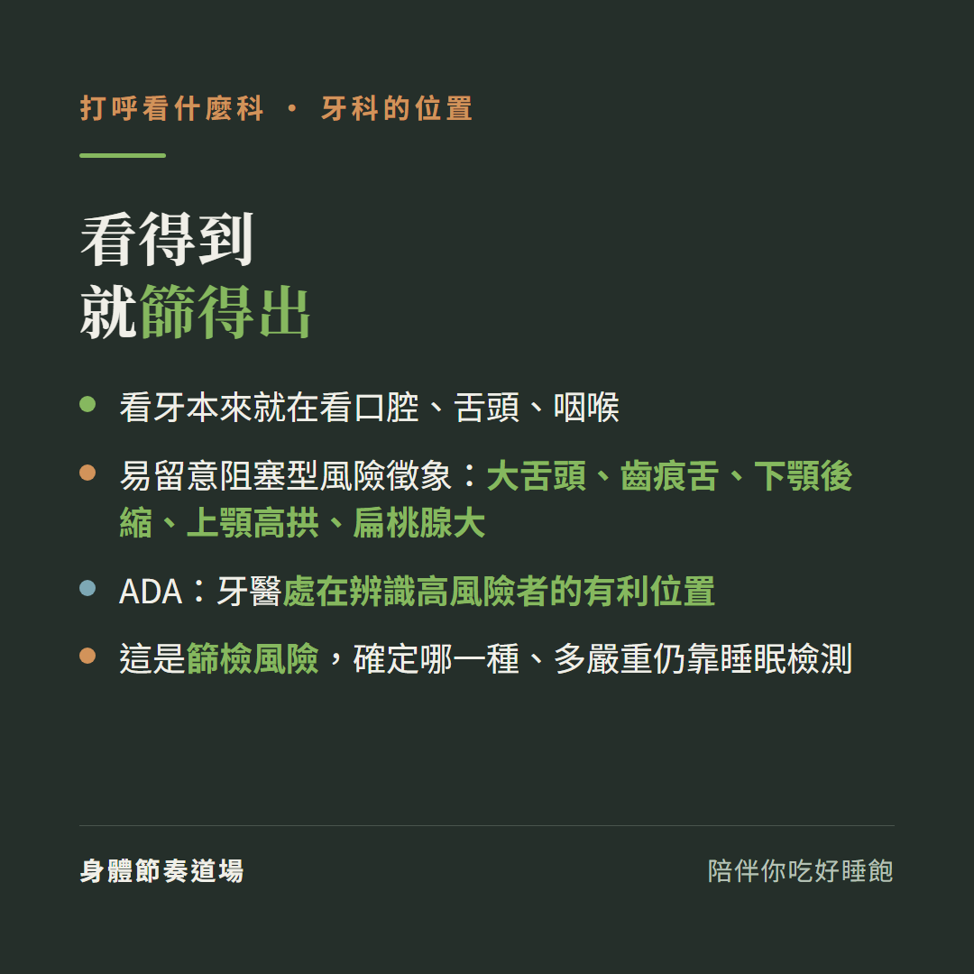打呼牙科看得到就篩得出:看牙本來就在看口腔舌頭咽喉、易留意阻塞型風險徵象大舌頭齒痕舌下顎後縮上顎高拱扁桃腺大、美國牙醫學會ADA政策聲明牙醫處在能辨識睡眠呼吸障礙高風險患者的有利位置、這是篩檢風險確定哪一種多嚴重仍靠睡眠檢測