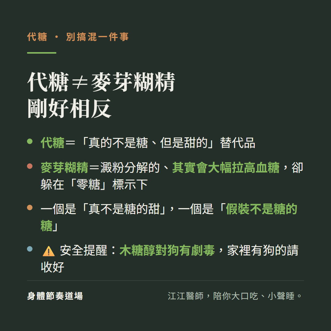 代糖不等於麥芽糊精剛好相反:代糖是真的不是糖但是甜的替代品、麥芽糊精是澱粉分解的其實會大幅拉高血糖卻躲在零糖標示下;一個是真不是糖的甜一個是假裝不是糖的糖;安全提醒木糖醇對狗有劇毒家裡有狗的請收好
