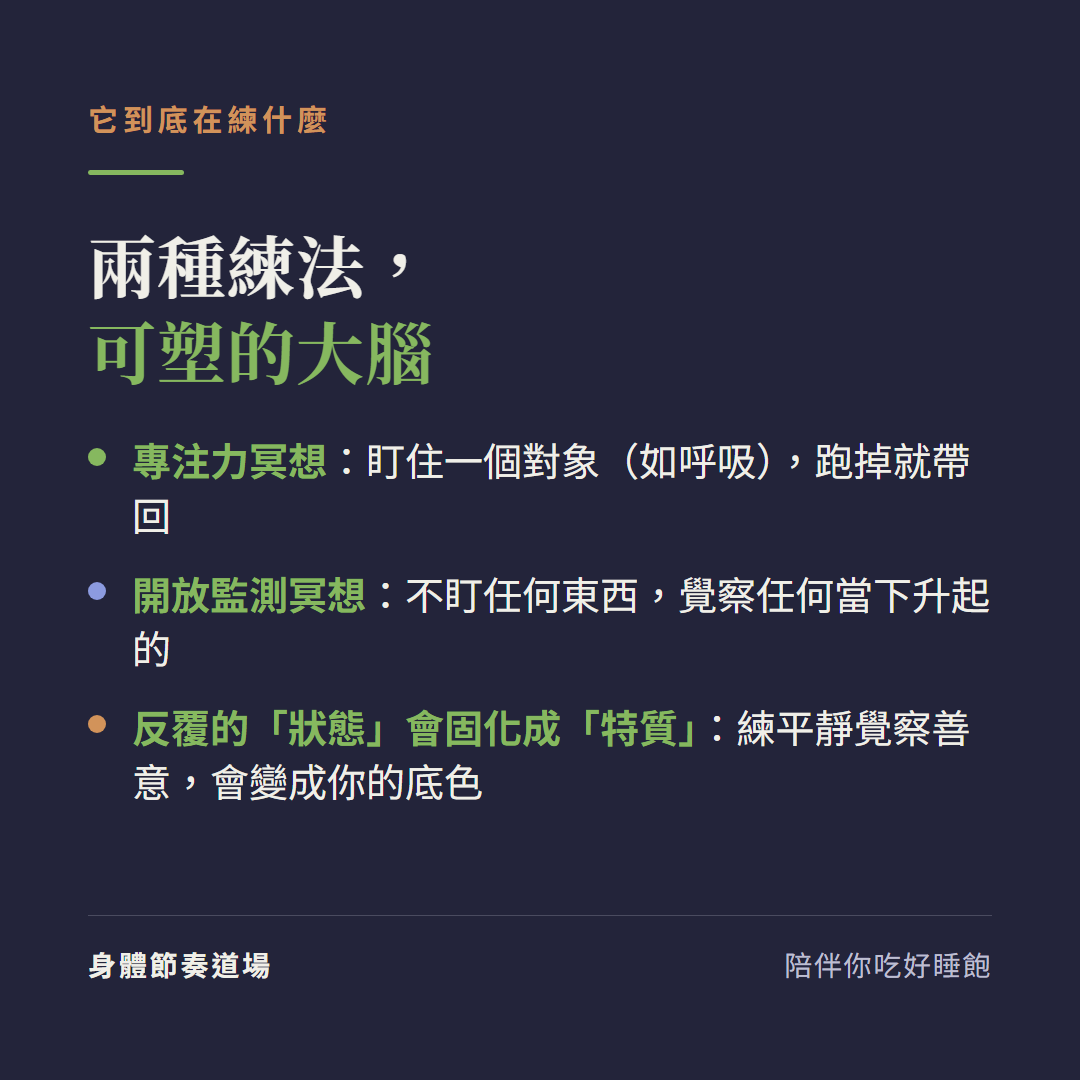 兩種練法與可塑的大腦:專注力冥想盯住一個對象如呼吸跑掉就帶回、開放監測冥想不盯任何東西覺察任何當下升起的,反覆的狀態會固化成特質練平靜覺察善意會變成你的底色大腦是可塑的
