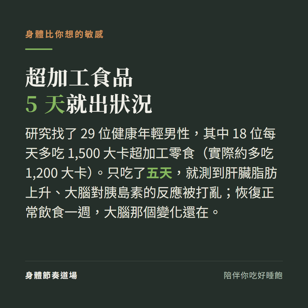 健康男性每天多吃超加工零食只吃5天就測到肝臟脂肪上升與大腦對胰島素的反應被打亂恢復飲食一週大腦變化還在