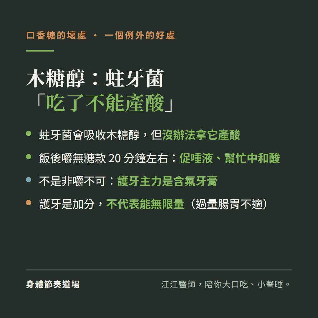 木糖醇蛀牙菌吃了不能產酸:蛀牙菌會吸收木糖醇但沒辦法拿它產酸、飯後嚼無糖款20分鐘左右促唾液幫忙中和酸、不是非嚼不可護牙主力是含氟牙膏、護牙是加分不代表能無限量過量腸胃不適