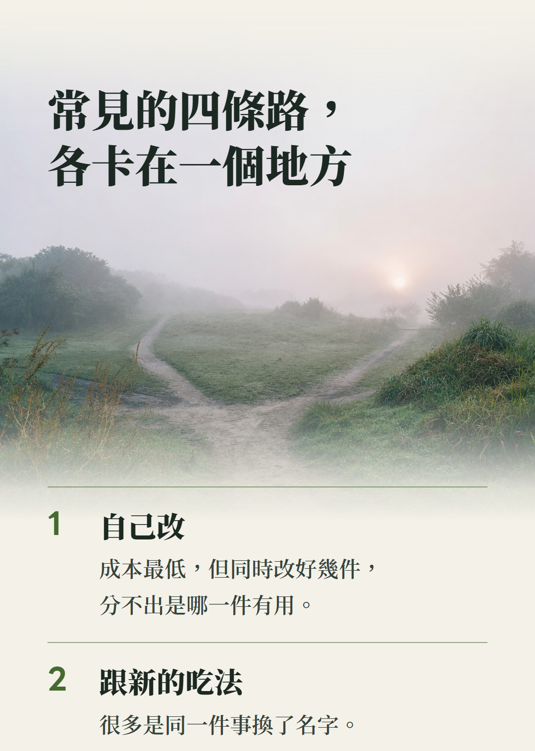 常見的四條路,各卡在一個地方。自己改,成本最低,但同時改好幾件,分不出是哪一件有用;跟新的吃法,很多是同一件事換了名字;